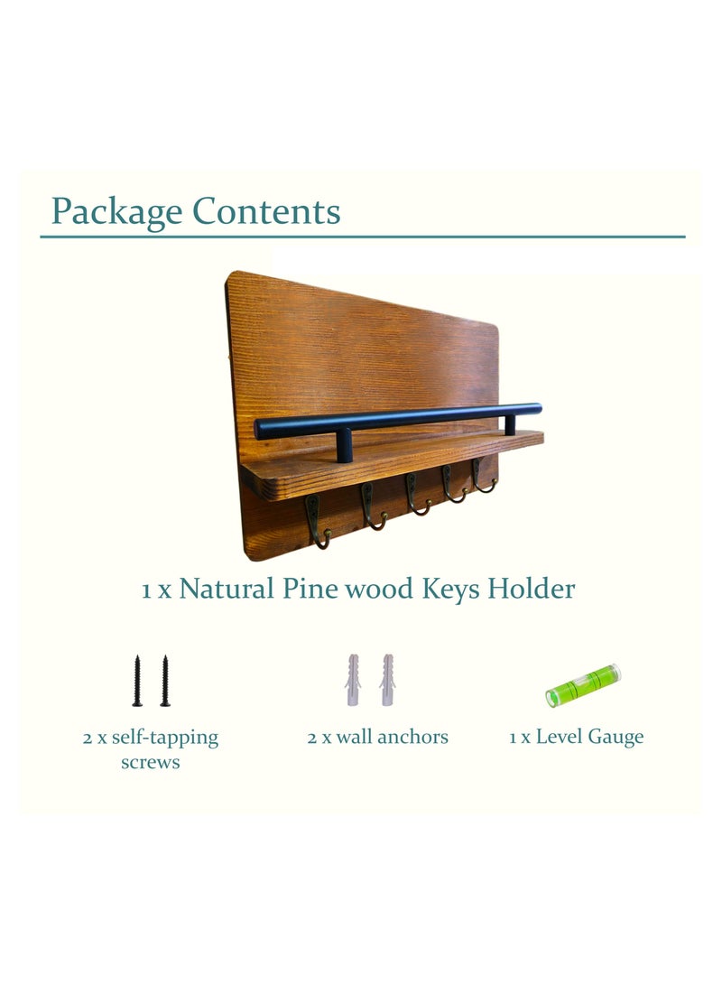 Vixel VIXEL 30x20 cm Wooden Decorative Key Holder Wall Mounted Entryway Organizer with 5 Hooks for Home Office - Image 4