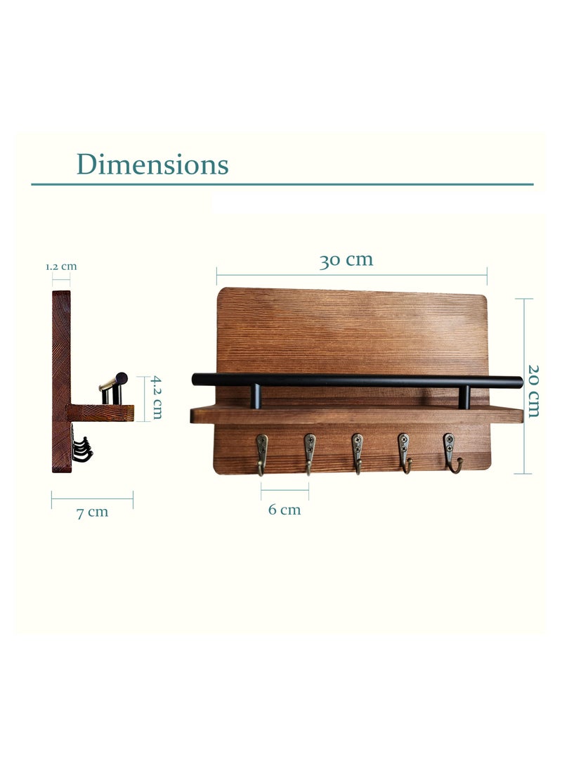 Vixel VIXEL 30x20 cm Wooden Decorative Key Holder Wall Mounted Entryway Organizer with 5 Hooks for Home Office - Image 5