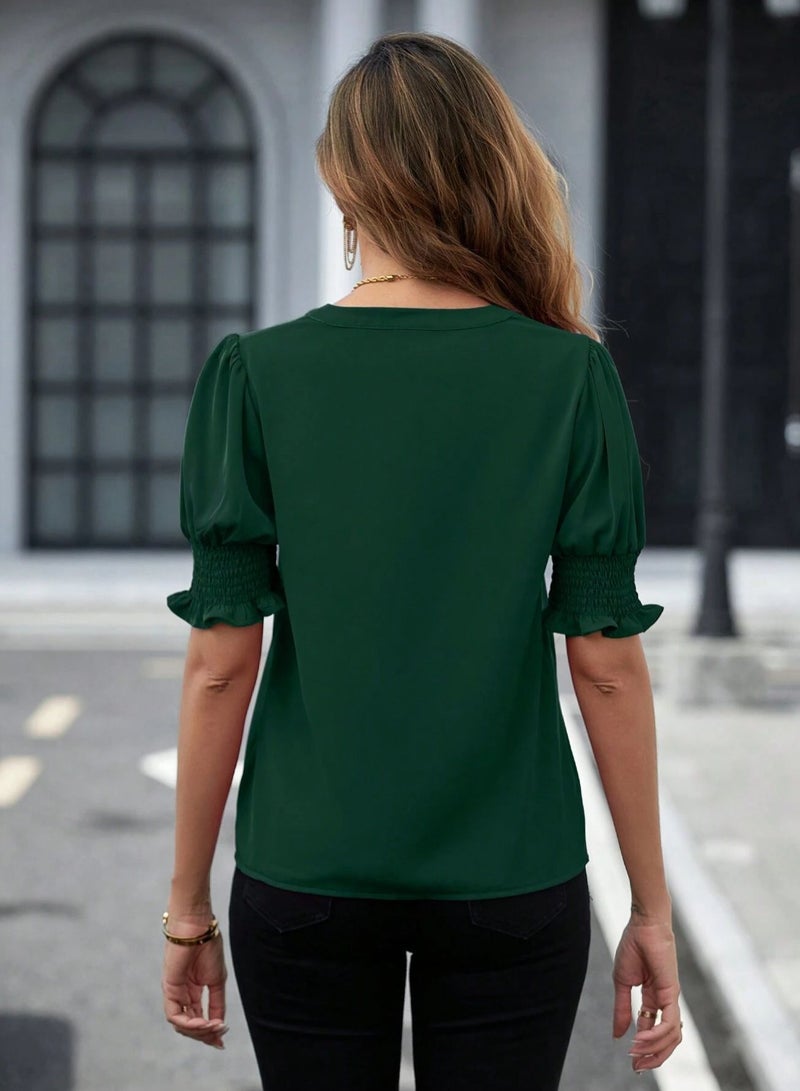 Shougu New V-neck Style Bubble Sleeve Solid Color Shirt Women's Top  - Image 2
