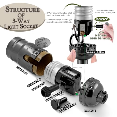 EMNOOTI Lamp Making Kit,Make a Lamp or Repair Kit,3-Way Lamp Socket with Matching Cord Lamp Harp Set,Lamp Wiring Kit for Table Floor Lamp,Essential Hardware for DIY Lamp Design or Repair (Black, 1) - Image 2