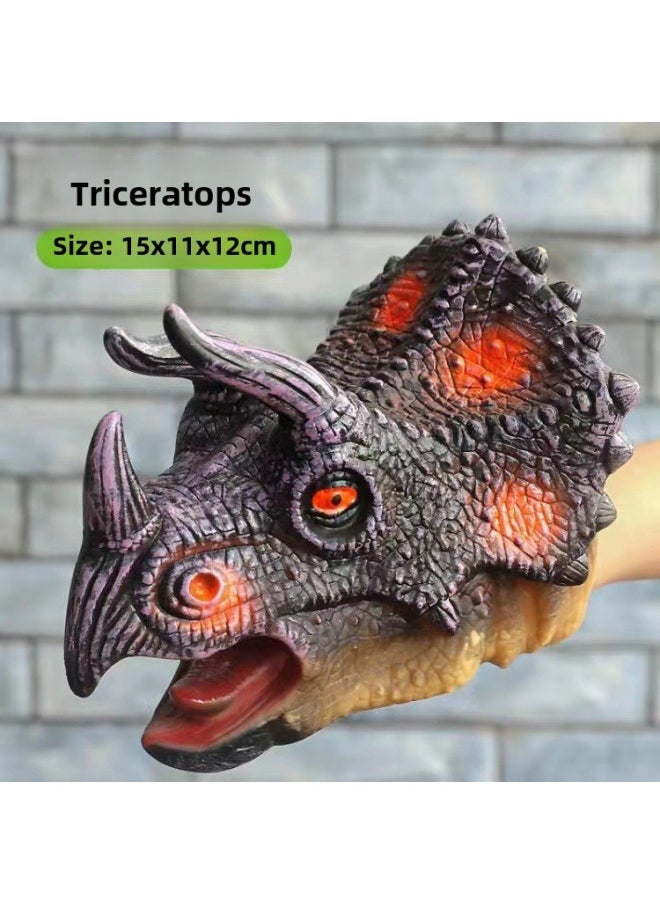 Fearless Dinosaur Hand Puppet Gloves Soft Silicone Triangle Dragon King Dinosaur Children's Simulation Animal Model Boys Toy-Color:Triceratops Gray
