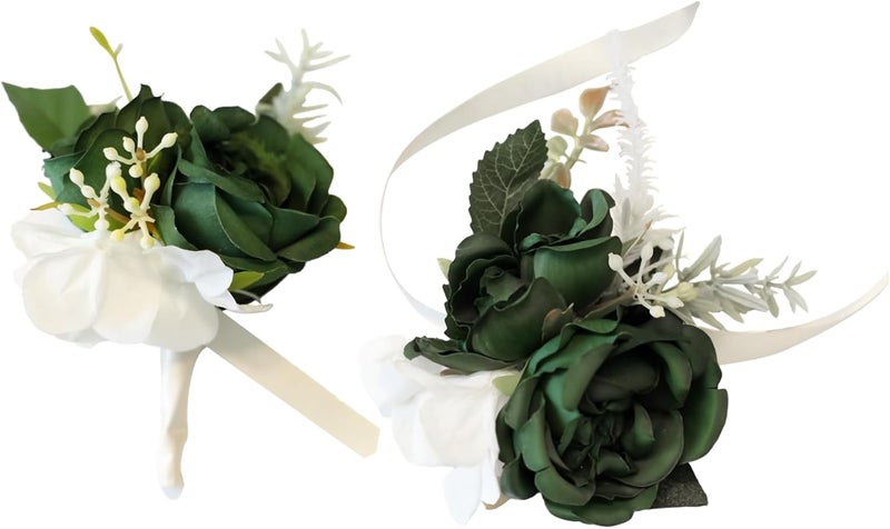 Wedding And Prom Corsage Wrist Corsage Set, Design Elegant Green, Ribbon Satin, Perfect For Proms And Weddings - Image 1