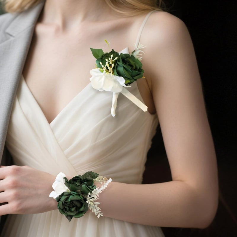 Wedding And Prom Corsage Wrist Corsage Set, Design Elegant Green, Ribbon Satin, Perfect For Proms And Weddings - Image 3