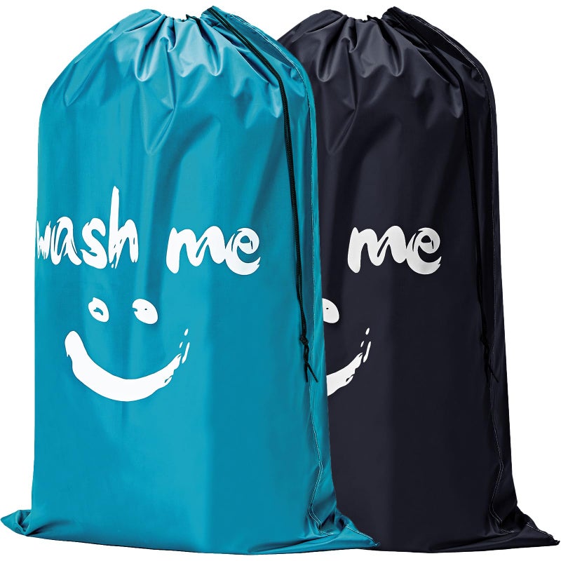 HOMEST 2 Pack XL Wash Me Travel Laundry Bag Dirty Garments Organizer Large Enough to Hold 4 Loads of Clothes Easy Fit a Hamper or Clothing Basket Black and Sky Blue