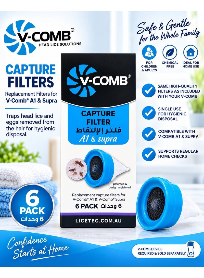V-Comb Capture Filter A1 & Supra 6 Pack, Single-Use Replacement Capture Filters for V-Comb Head Lice Comb, Designed to Collect Head Lice and Eggs Removed from Hair, Hygienic Disposable Filter Accessory for V-Comb A1 and V-Comb Supra, V-Comb Device Required - Image 1