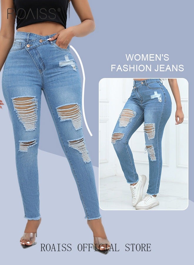 roaiss Plus Size Women Denim Pants Solid Color Skinny Fit Distressed Jeans Leg Flattering Design Fashionable and Versatile Suitable for School and Commuting - Image 2