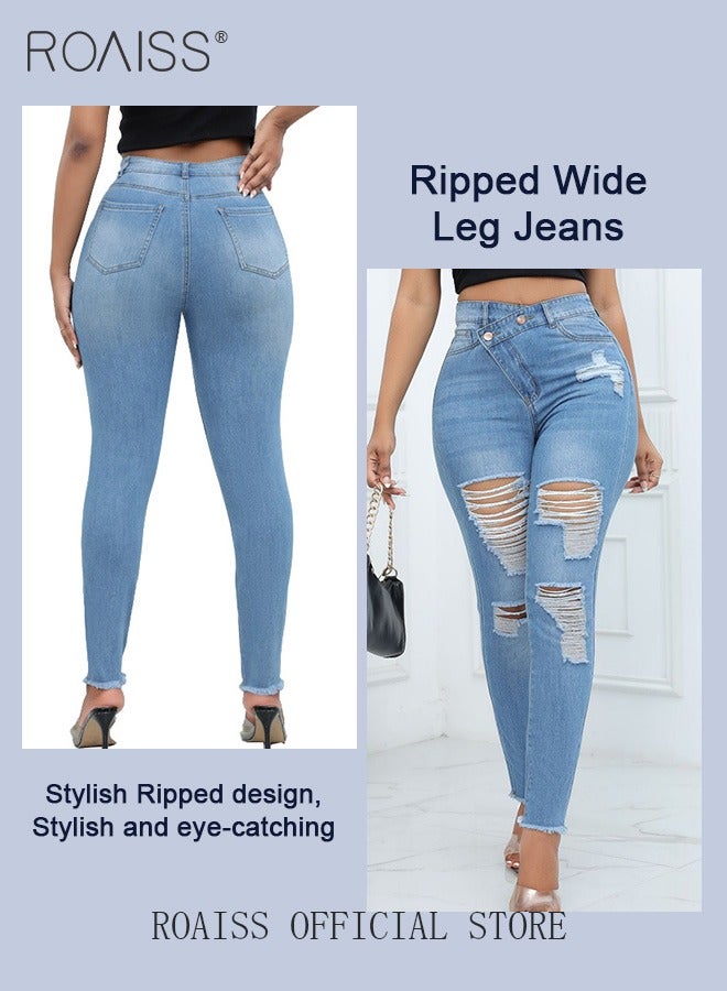 roaiss Plus Size Women Denim Pants Solid Color Skinny Fit Distressed Jeans Leg Flattering Design Fashionable and Versatile Suitable for School and Commuting - Image 3