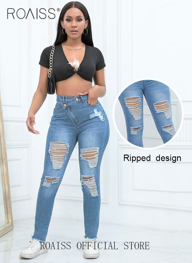 roaiss Plus Size Women Denim Pants Solid Color Skinny Fit Distressed Jeans Leg Flattering Design Fashionable and Versatile Suitable for School and Commuting - Image 4