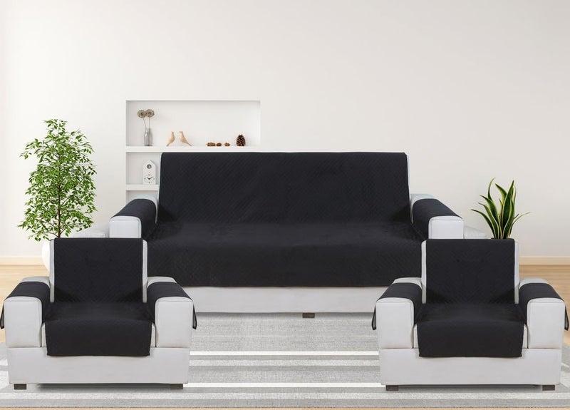Nendle Luxurious Soft Velvet Quilted Anti-Slip Sofa Cover 5 Seater Fully Covered with Combined Sofa Seat, Back and Arms Protector Covers (Black, Pack of 3+1+1) - Image 1