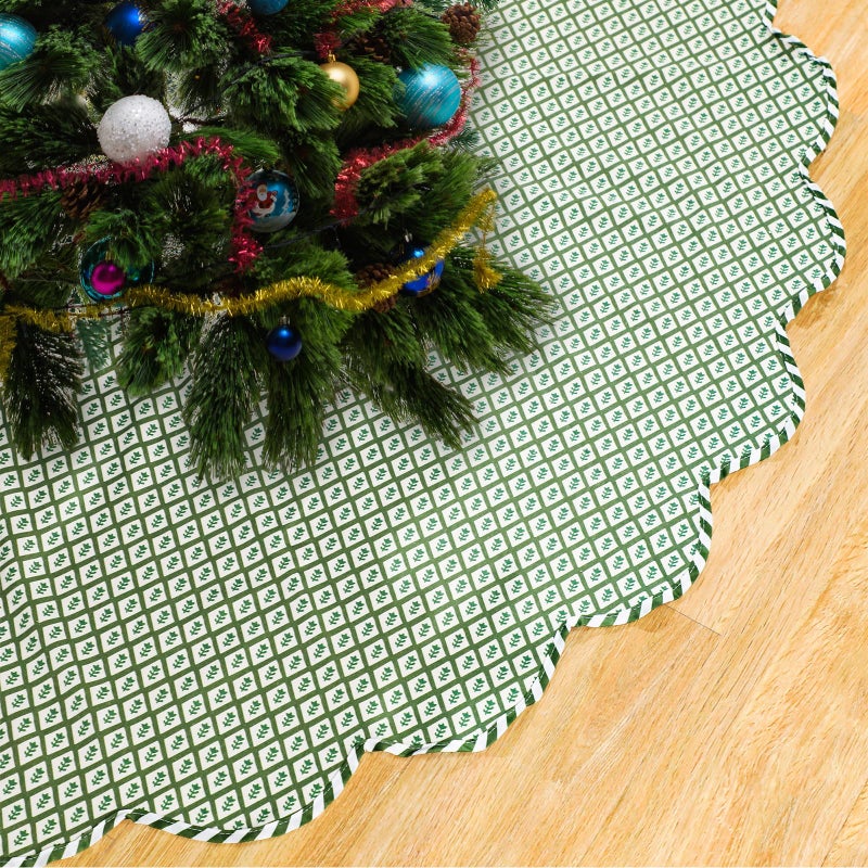 MiniInflat Christmas Tree Skirt Cotton Floral Block Tree Skirt in Nature Color for Home Xmas Party Seasonal Holiday Decoration Indoor Outdoor 60 InchSea Green