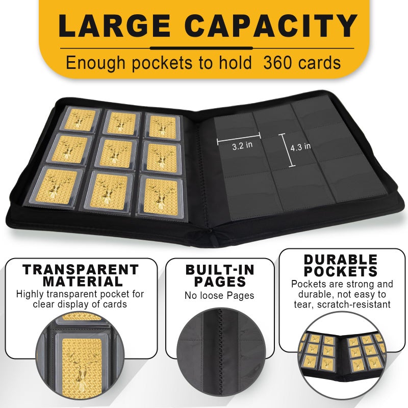 Aokna Toploader Binder, Holds 360 Toploaders, Top Loader Binder with 9 Pockets for 3" x 4" Rigid Cards, Double-Sided Pockets Card Binder Top Loader for Trading Cards or Sports Cards (black) - Image 3