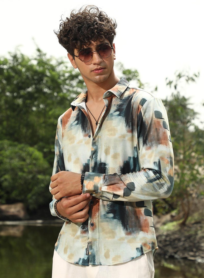 Campus Sutra Campus Sutra Men's Off-White & Midnight Black Abstract-Brushed Imprint Shirt | Spread Collar , Long Sleeve Cuffed Sleeves , Button Closure | Abstract Print Plain | Polyester Shirt For Casual Wear - Image 1