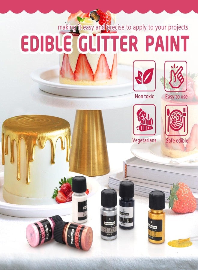 DecorRom Edible Glitter Paint Set - 6 Colors Metallic Edible Cake Paint for Cake Decorating, Baking, Cupcakes, Candy - Food Grade Shimmer Art Decorative Paint Liquid Luster Dust for Cookie, Fondant, Donuts - Image 2