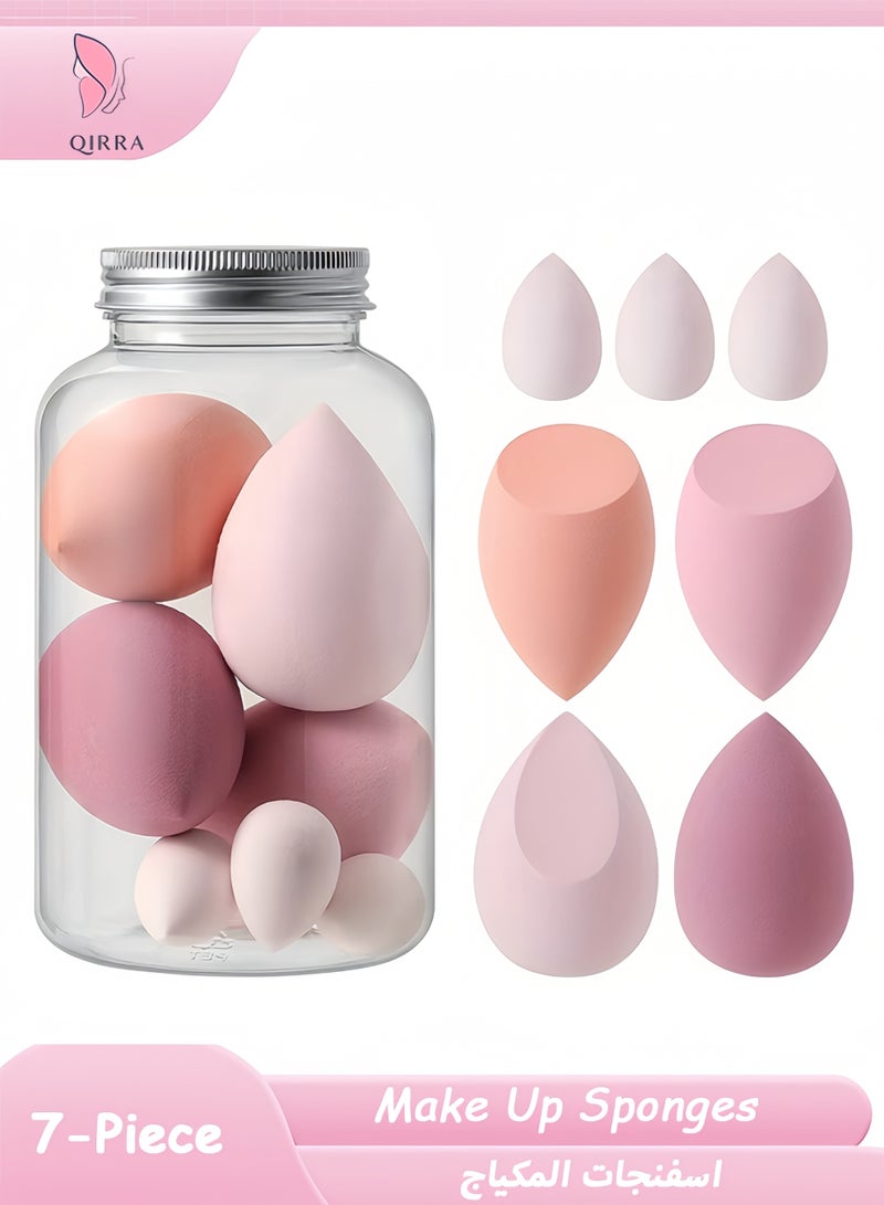 قِيرّا طقم اسفنجات مكياج 7 قطع، إسفنجات مزج للسوائل والكريم والبودرة، خالية من اللاتكس، متعددة الألوان مع 3 إسفنجات صغيرة، نباتي وخالٍ من القسوة، هدية مثالية للنساء (وردي) - Image 1