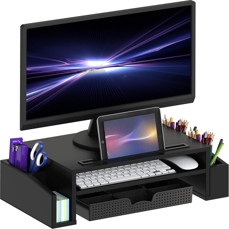 Simple Houseware Desk Monitor Stand Riser with Adjustable Organizer Tray, Black - Image 1