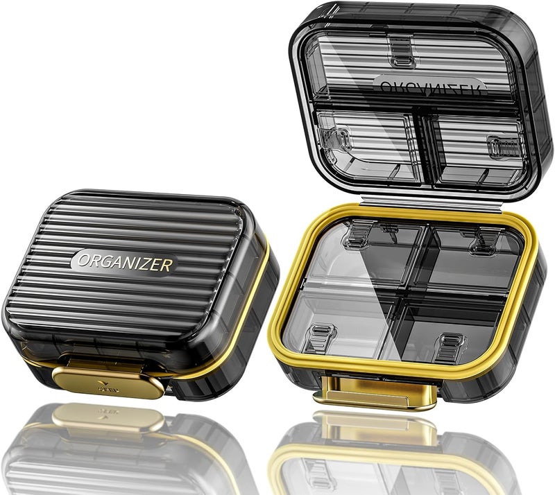 Travel Pill Case, Small Pill Box for Purse, Acedada Portable Daily Pill Container, Compact Moistureproof 7 Compartments Pill Organizer, Stylish Medicine Holder for Vitamins Fish Oils, Black