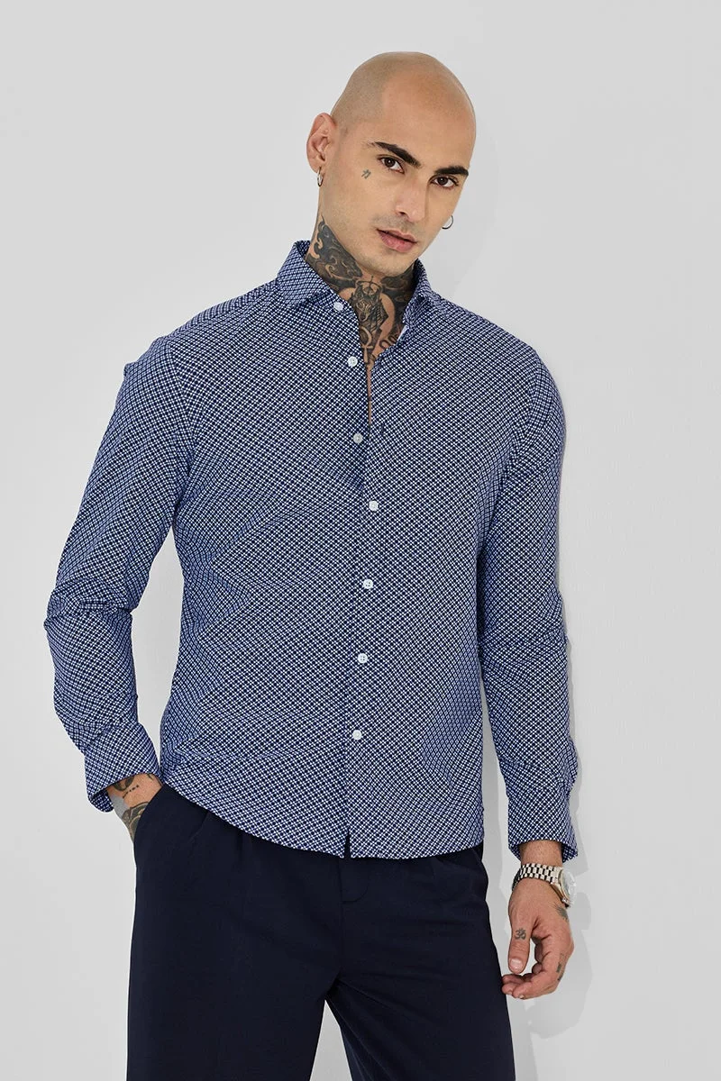 سنيتش Navy Blue Geometric Long Sleeve Slim Fit Shirt