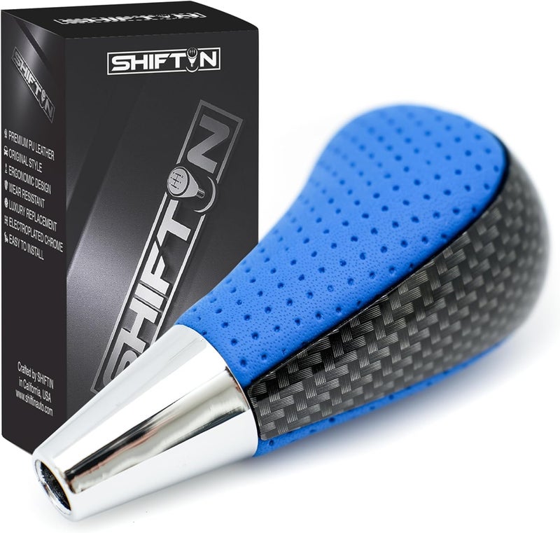 SHIFTIN Leather Wood Gear Shift Knob for Toyota Avalon Yaris 4Runner Land Cruiser Sienna Camry Solara Tacoma and Lexus ES300 ES330 GS300 GS400 GS430 SC300 SC400 (Blue Leather/Carbon Fiber Pattern) - Image 1