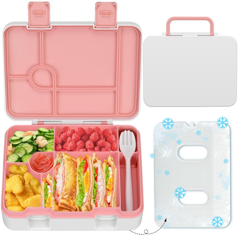 Kids Bento Lunch Box with Ice Pack 5 Compartments LeakProof Bento Box with Utensils 55Cup Capacity for Adults  Ages 8 BPA Free Microwave  Dishwasher Safe Pink