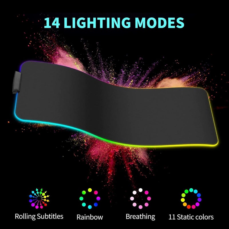 تكوفن لوحة ماوس كبيرة من بأبعاد 800x300x3 مم مزودة بإضاءة LED ملونة، مغطاة بمادة مطاطية غير زلقة لطاولات الألعاب ولوحات لوحة المفاتيح، مناسبة لأجهزة الكمبيوتر واللابتوب - الأبعاد: 800x300 مم - Image 2