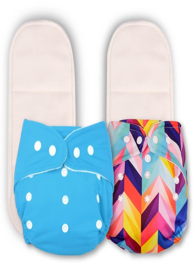 Deedry Baby Cloth Diapers Washable & Reusable Diapers with Adjustable Snap Buttons 3 Months- 3 Years 1 Blue Solid & 1 Print Diaper + 2 Inserts/Pads - Image 1
