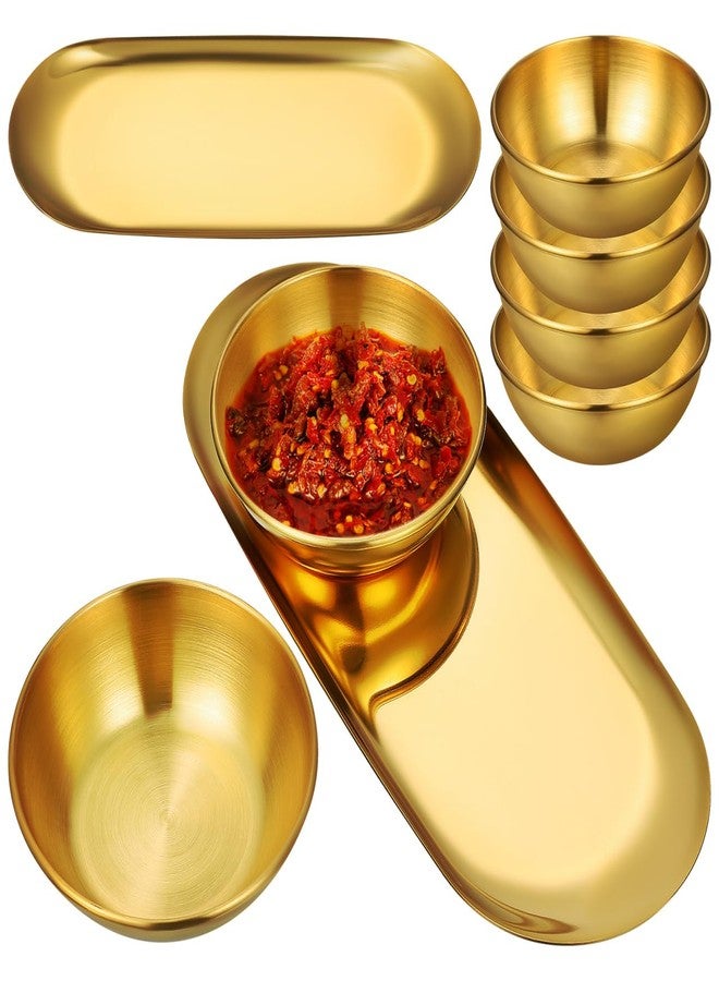 AUTSUPPL Gold Stainless Steel Sauce Bowl Tray Set with 6 Small Dipping Bowls and 2 Oval Decorative Trays for Sushi Seasoning and Home Dining - Image 1