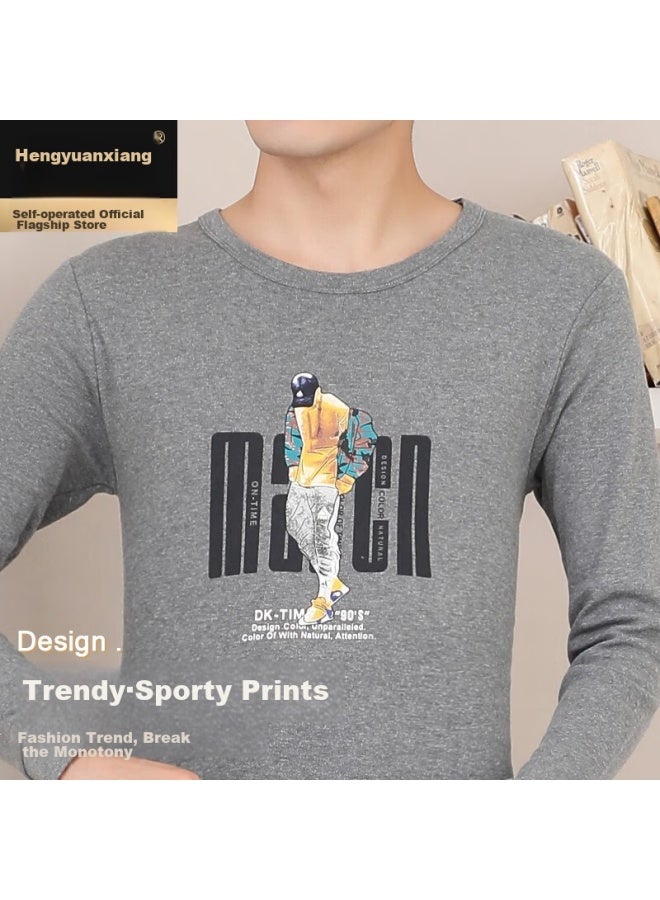Hengyuanxiang Hengyuanxiang [best- 50,000 Sets] Men's Autumn Underwear Set, Pure Cotton Thermal Underwear With Printed Pattern, Base Layer Cotton Sweater, Men's Dark Gray - Printed Set  - Image 2
