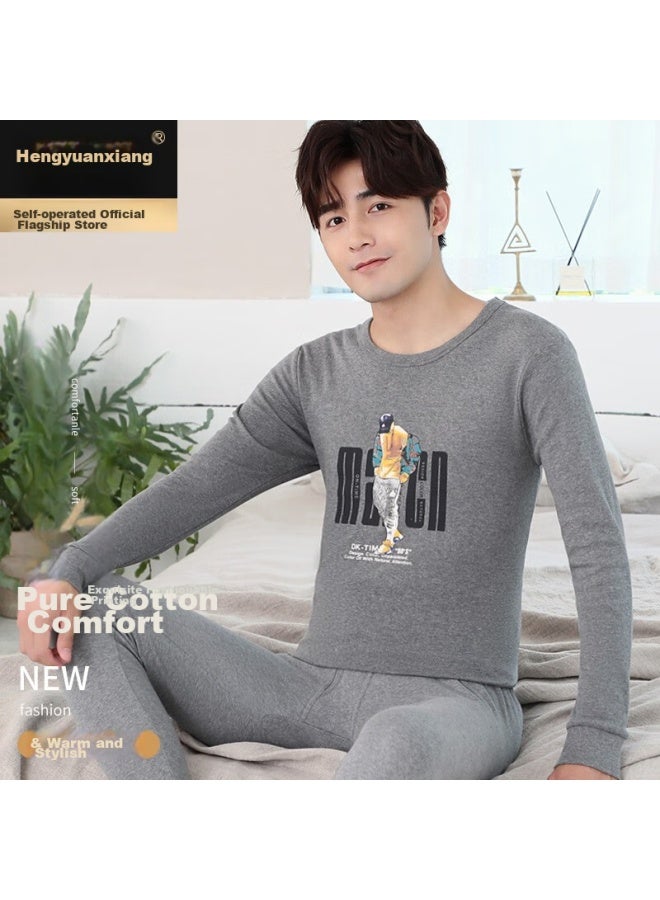 Hengyuanxiang Hengyuanxiang [best- 50,000 Sets] Men's Autumn Underwear Set, Pure Cotton Thermal Underwear With Printed Pattern, Base Layer Cotton Sweater, Men's Dark Gray - Printed Set  - Image 1