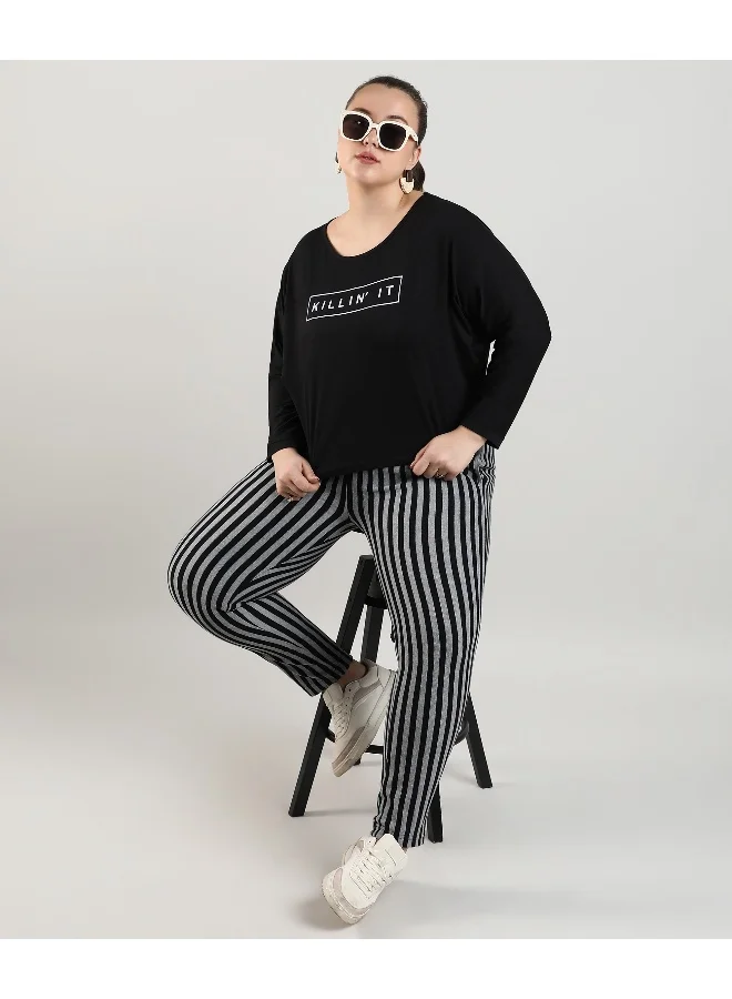 Instafab Plus Women's Midnight Black Killin' It Top For Casual Wear | Crew Neck | Long Sleeve | Pull On Closure | Top Crafted With Comfort Fit For Everyday Wear