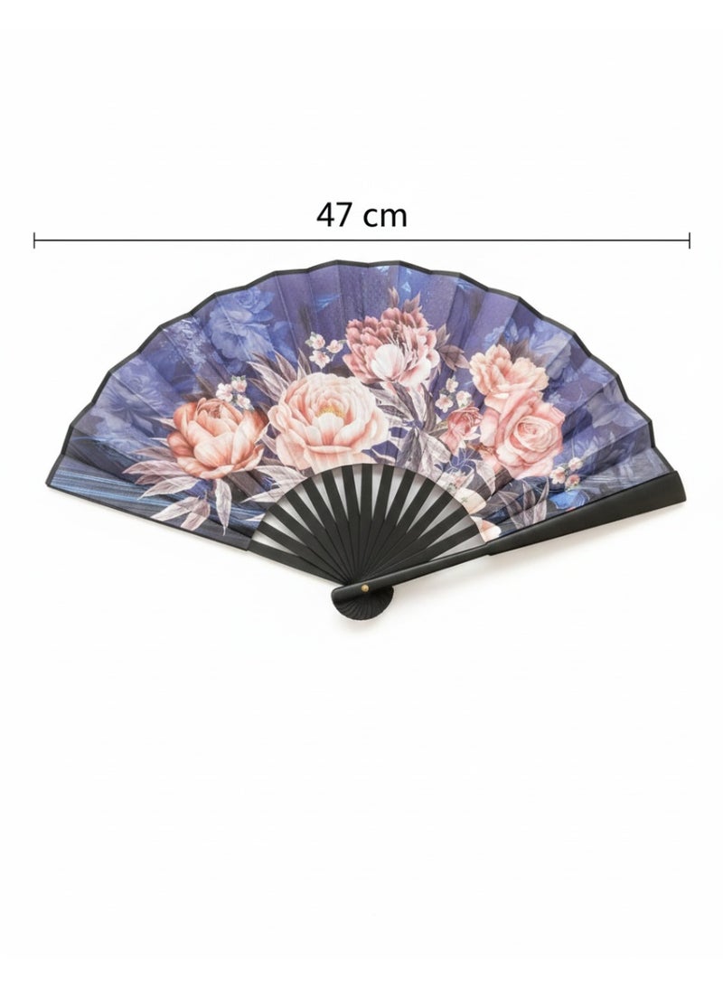 Hand Fan High Quality of Durable Leather Double-Sided Folding Flower Pattern Easy to Carry for Weddings, Party Favors, Performances, Dances, Home Decorations, Festivals, Gifts (Blue) - Image 4