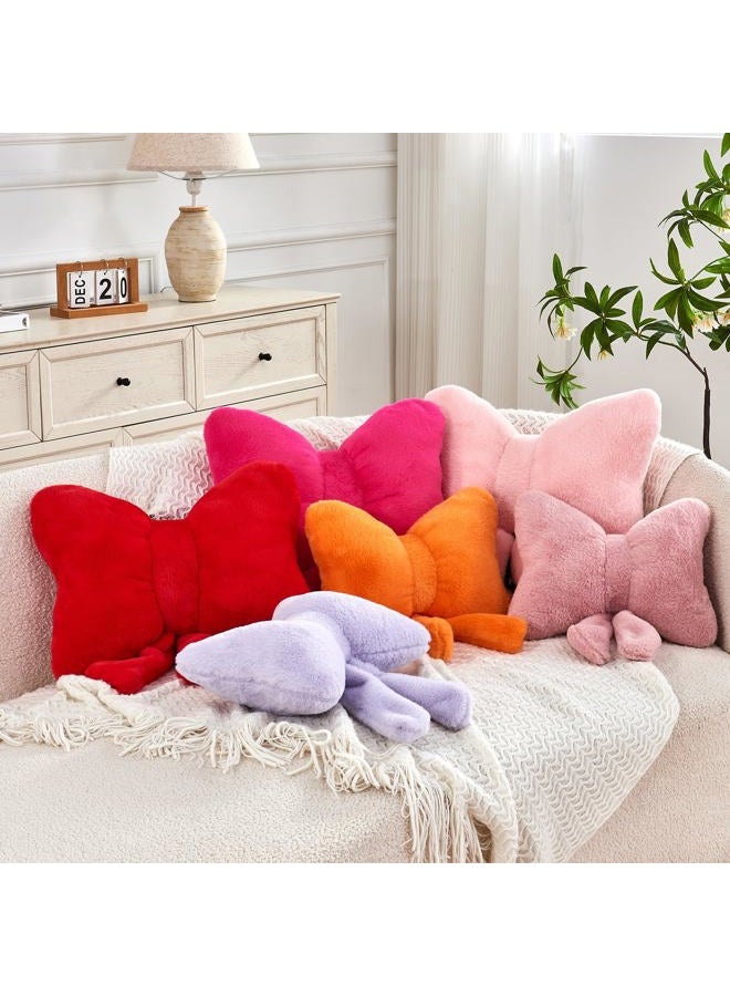 XVTRU Pink Bow Pillow, Soft Bow Decorative Pillows with Faux Rabbit Fur, Cute 16" Bow Throw Pillows, Aesthetic Home Decor Bow Shaped Plush Pillow for Bedroom Sofa Couch - Image 3
