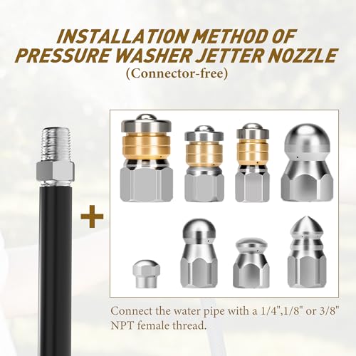 Qoroos 10pcs Sewer Jetter Nozzle Kit Stainless Steel Jetter Heads Kit for Pressure Washer, 1/4" & 3/8" NPT Quick Connectors Drain Cleaning Nozzle Tips with 5 Needles up to 5000 PSI - Image 3