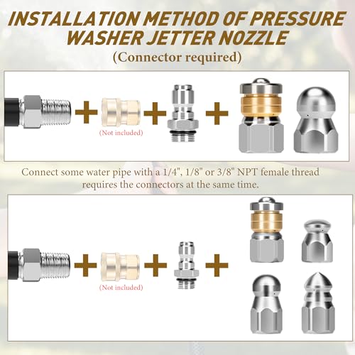 Qoroos 10pcs Sewer Jetter Nozzle Kit Stainless Steel Jetter Heads Kit for Pressure Washer, 1/4" & 3/8" NPT Quick Connectors Drain Cleaning Nozzle Tips with 5 Needles up to 5000 PSI - Image 4