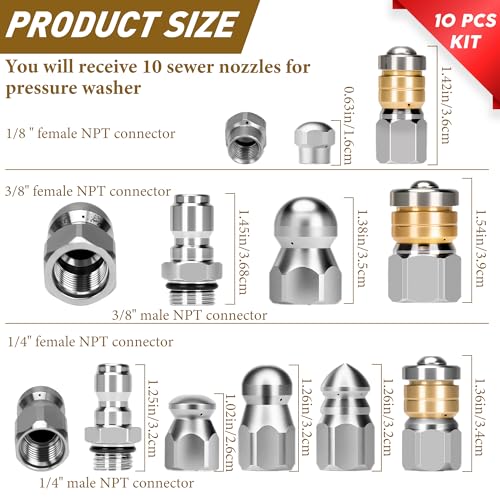 Qoroos 10pcs Sewer Jetter Nozzle Kit Stainless Steel Jetter Heads Kit for Pressure Washer, 1/4" & 3/8" NPT Quick Connectors Drain Cleaning Nozzle Tips with 5 Needles up to 5000 PSI - Image 2