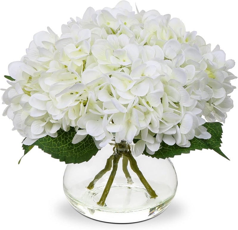 Hollyone Hydrangea Artificial Flowers with Vase White Silk Fake Flowers Arrangements in Glass Vase with Faux Water for Home Bathroom Office Table Centerpiece Shelf Decorations - Image 1