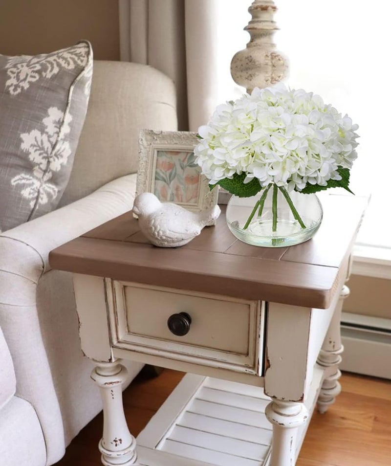 Hollyone Hydrangea Artificial Flowers with Vase White Silk Fake Flowers Arrangements in Glass Vase with Faux Water for Home Bathroom Office Table Centerpiece Shelf Decorations - Image 5
