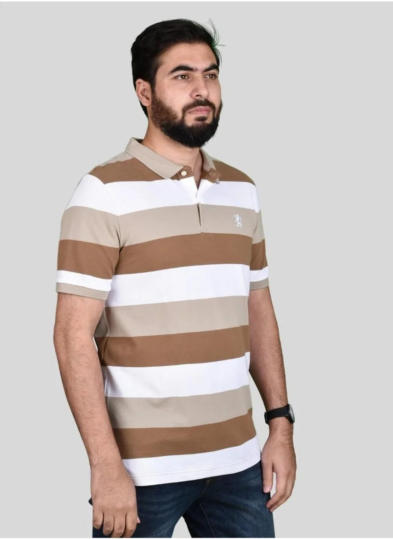 GIORDANO Men's Stripe Polo - Brown (White Stripe)