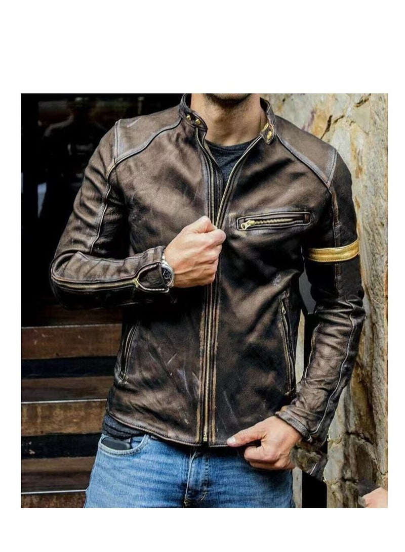 Loquat Men's Leather Jacket Stand-up Collar Punk Motorcycle Leather Jacket  - Image 1