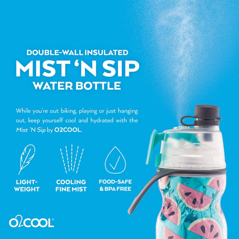 O2COOL Mist 'N Sip Misting Water Bottle 2-in-1 Mist And Sip Function With No Leak Pull Top Spout Reusable Sports Water Bottle - 20 oz (Watermelon) - Image 4