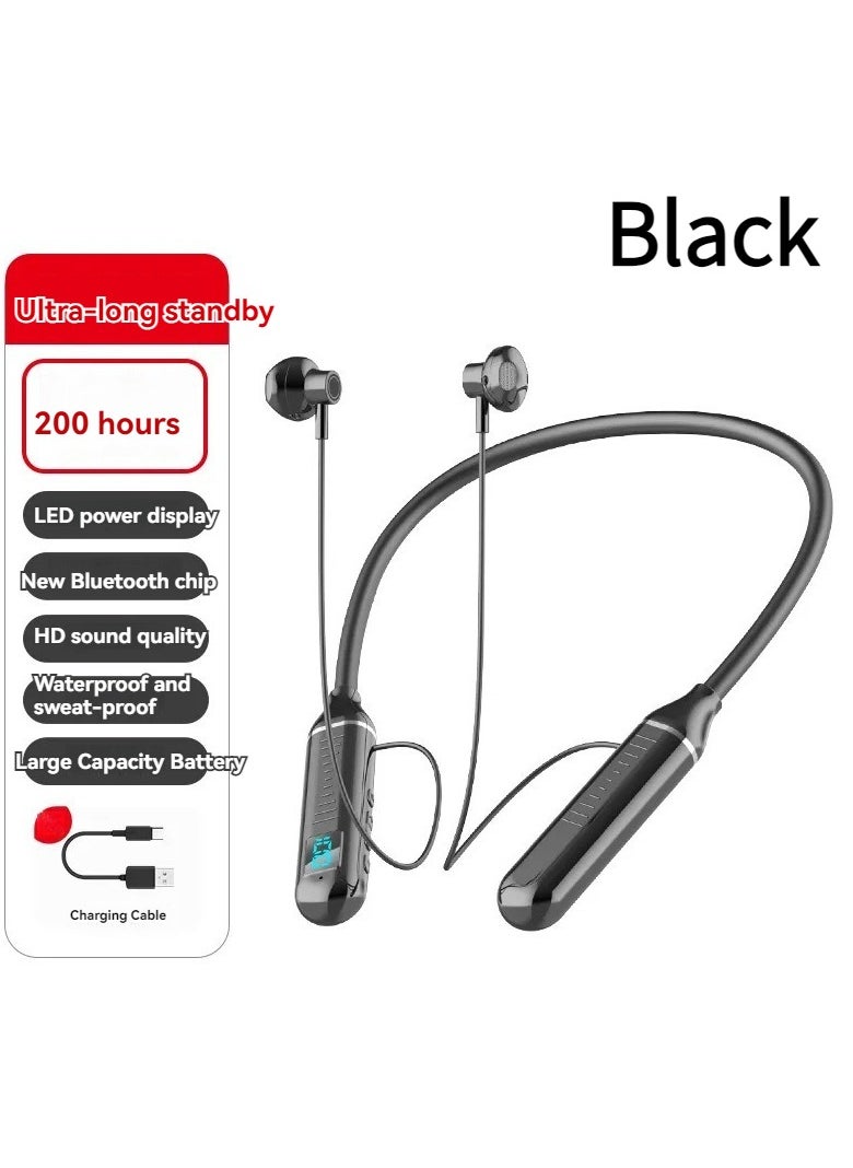Generic Wireless Bluetooth hanging neck headset digital display sports binaural in-ear neck hanging ultra-long battery life Bluetooth headset black  - Image 1
