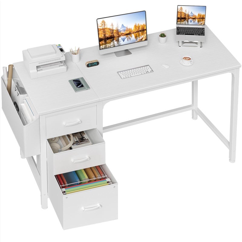 Lufeiya White Computer Desk with Fabric File Drawers Cabinet 55 Inch Reversible Desks with Storage Filing Cabinet for Home Office Modern Writing Table PC Desks for Bedroom White