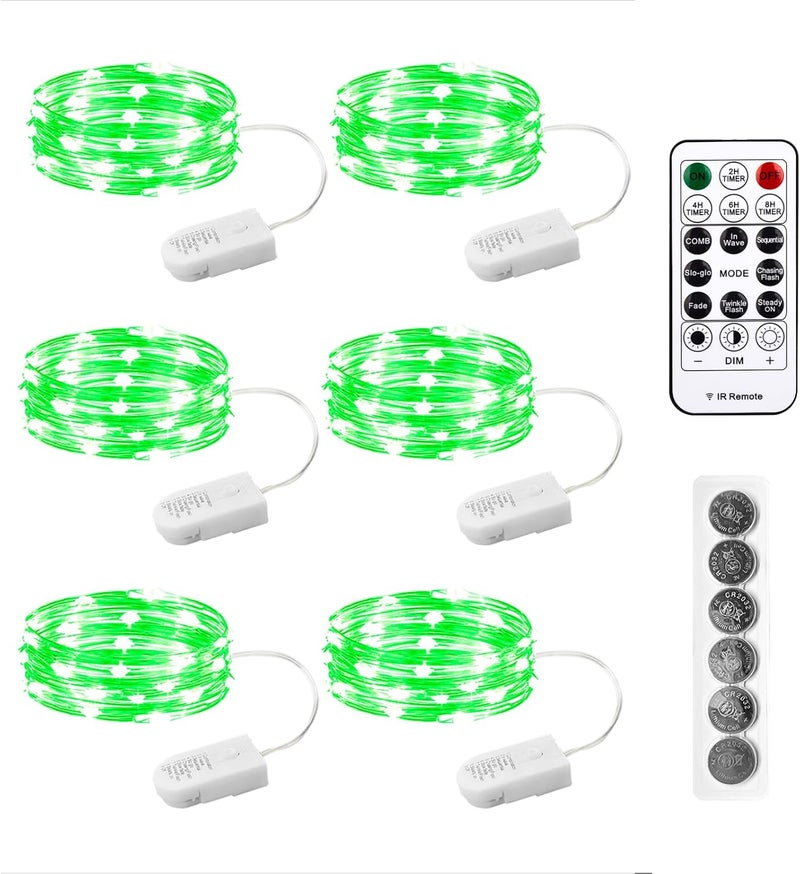 SINAMER 6PCS Green Fairy Lights Battery Powered with Remote, 7ft 20Leds Changing Twinkle String Lights with Timer, Waterproof Small Silver Wire Firefly Starry for DIY Wedding Party Christmas - Image 1