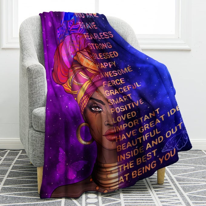 AFRICAN AMERICAN BLACK GIRL LADY BLANKET BIRTHDAY FOR WOMEN KIDS INSPIRING POSITIVE QUOTES PURPLE PRESENTS HOME BEDROOM DECOR SOFT COZY PLUSH THROW BLANKETS COLORFUL 50X60
