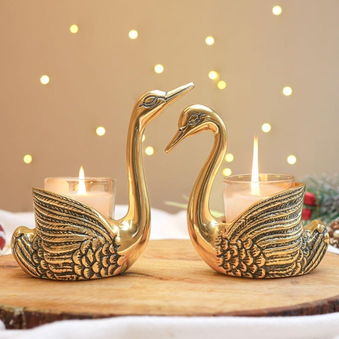ALUMINIUM PAIR OF SWANS FOR GOOD LUCK AND LOVE CANDLE HOLDER FOR HOME DECOR TABLETOP LIVING ROOM SHOWPIECE FOR GIFTING ANNIVERSARY VALENTINES DAY CANDLESPLANTS ETC NOT INCLUDED GOLD