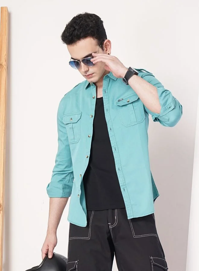 The Indian Garage Co Men Slim Fit Solid Full Sleeves Spread Collar Double Flap Pocket Casual Shirt