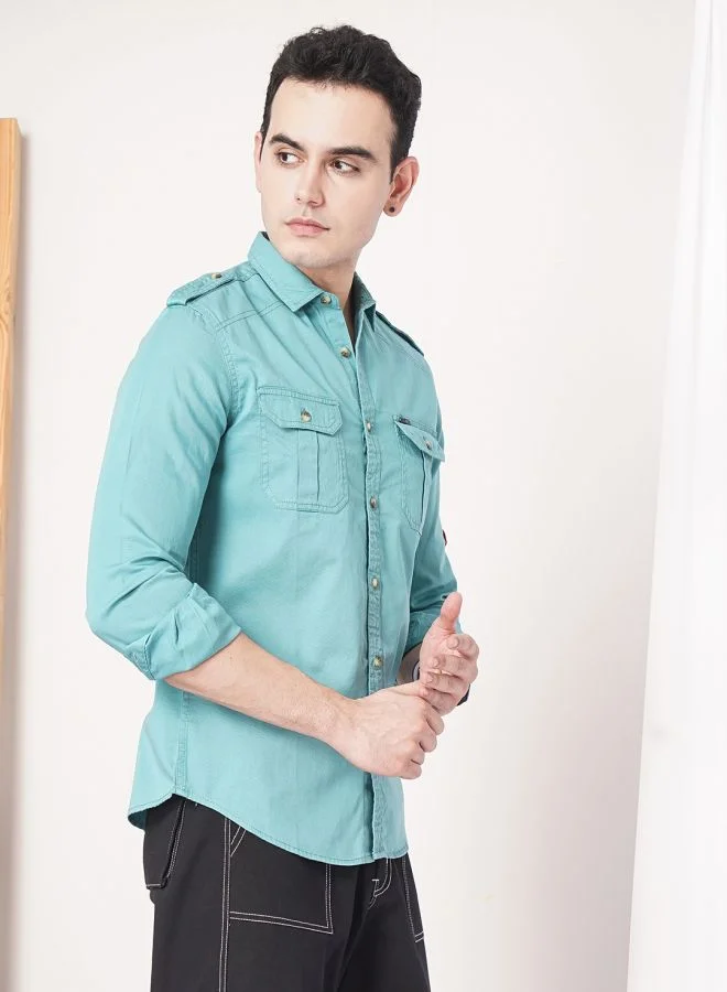 The Indian Garage Co Men Slim Fit Solid Full Sleeves Spread Collar Double Flap Pocket Casual Shirt