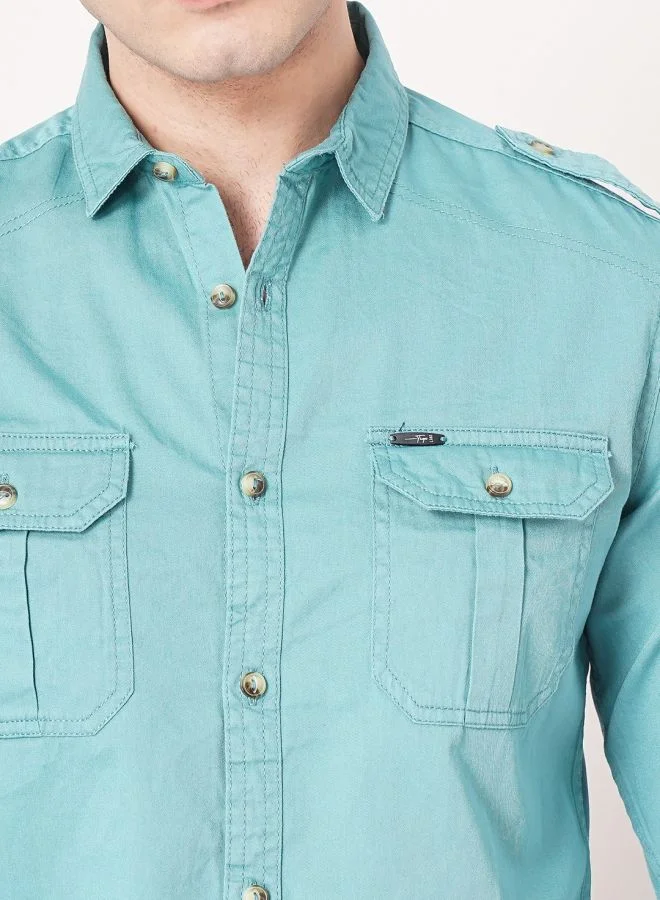 The Indian Garage Co Men Slim Fit Solid Full Sleeves Spread Collar Double Flap Pocket Casual Shirt