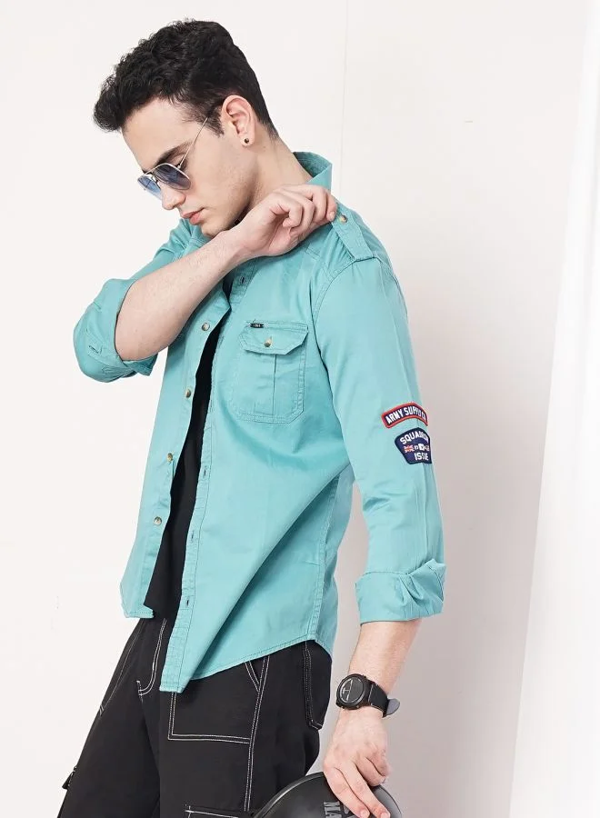 The Indian Garage Co Men Slim Fit Solid Full Sleeves Spread Collar Double Flap Pocket Casual Shirt