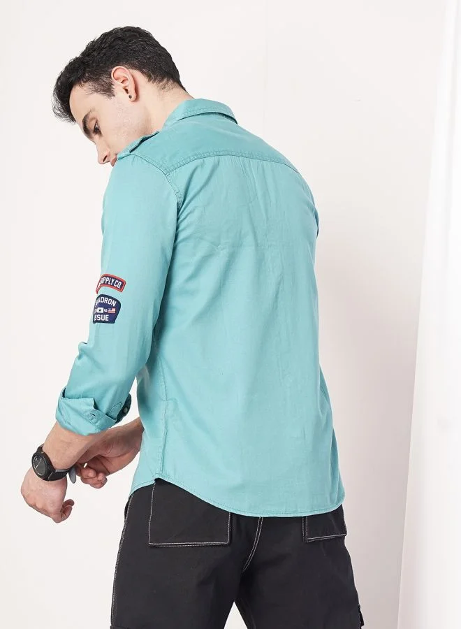 The Indian Garage Co Men Slim Fit Solid Full Sleeves Spread Collar Double Flap Pocket Casual Shirt