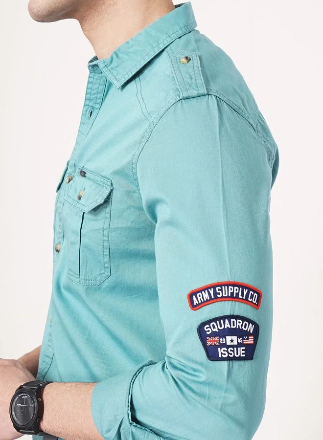 The Indian Garage Co Men Slim Fit Solid Full Sleeves Spread Collar Double Flap Pocket Casual Shirt